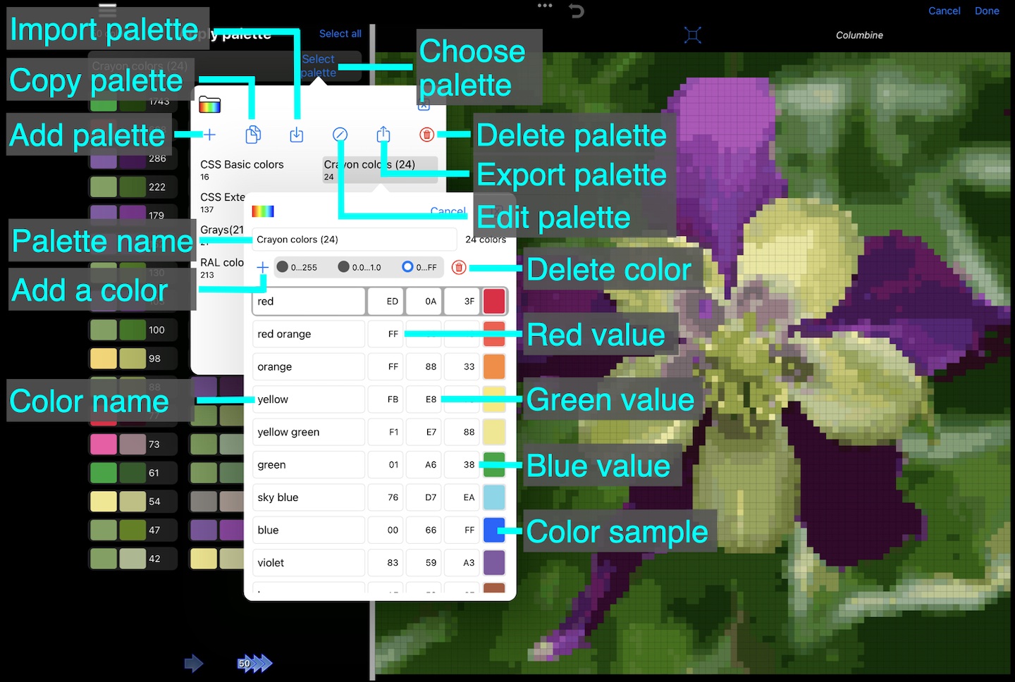 Annotated Apply palette, palette controls