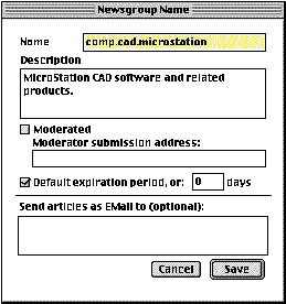 Screen shot of Newsgroup Entry window