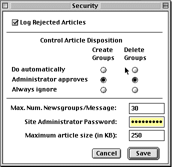 Screen shot of Security window