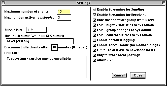 Screen shot of Settings window