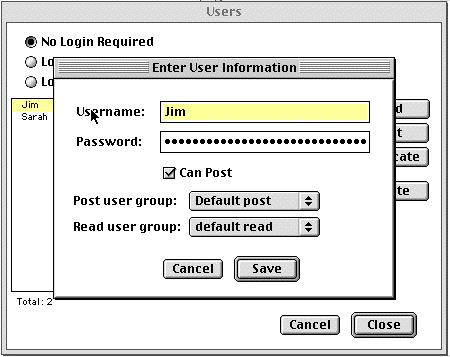 Screen shot of user entry windows