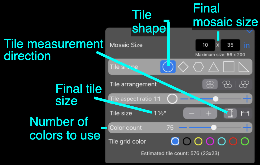 Annotated design mosaic tab controls