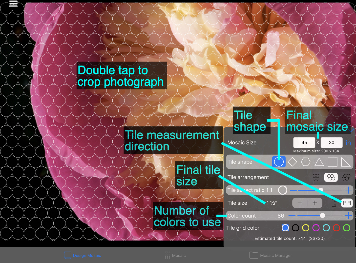 Annotated image of design mosaic tab