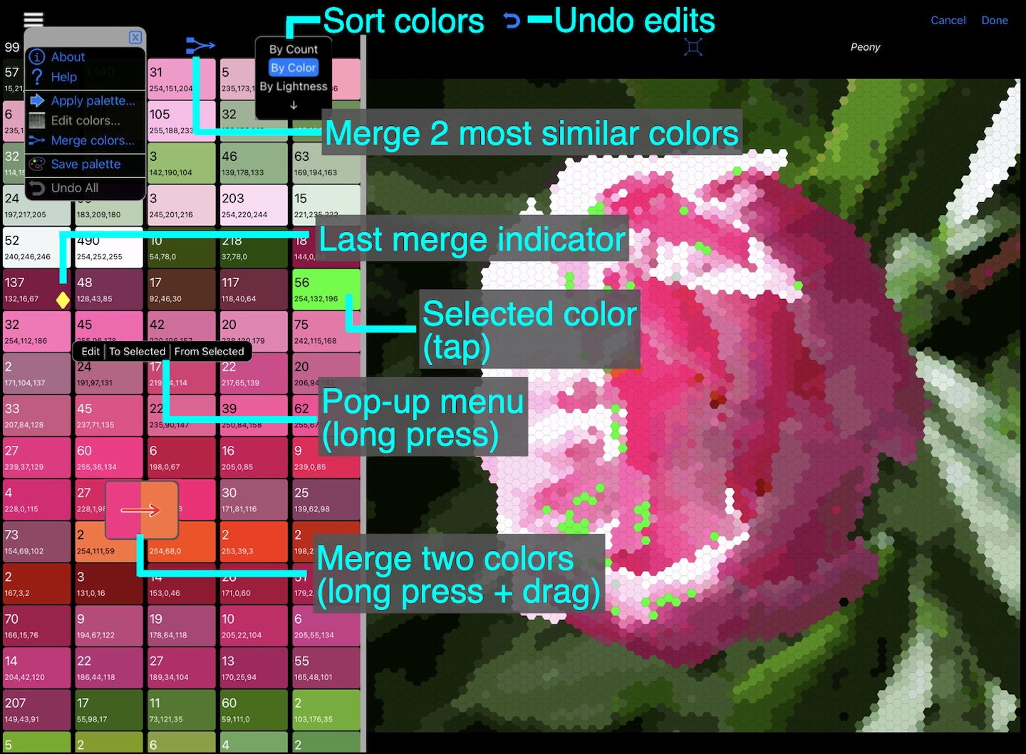 Annotated mosaic editor, color controls