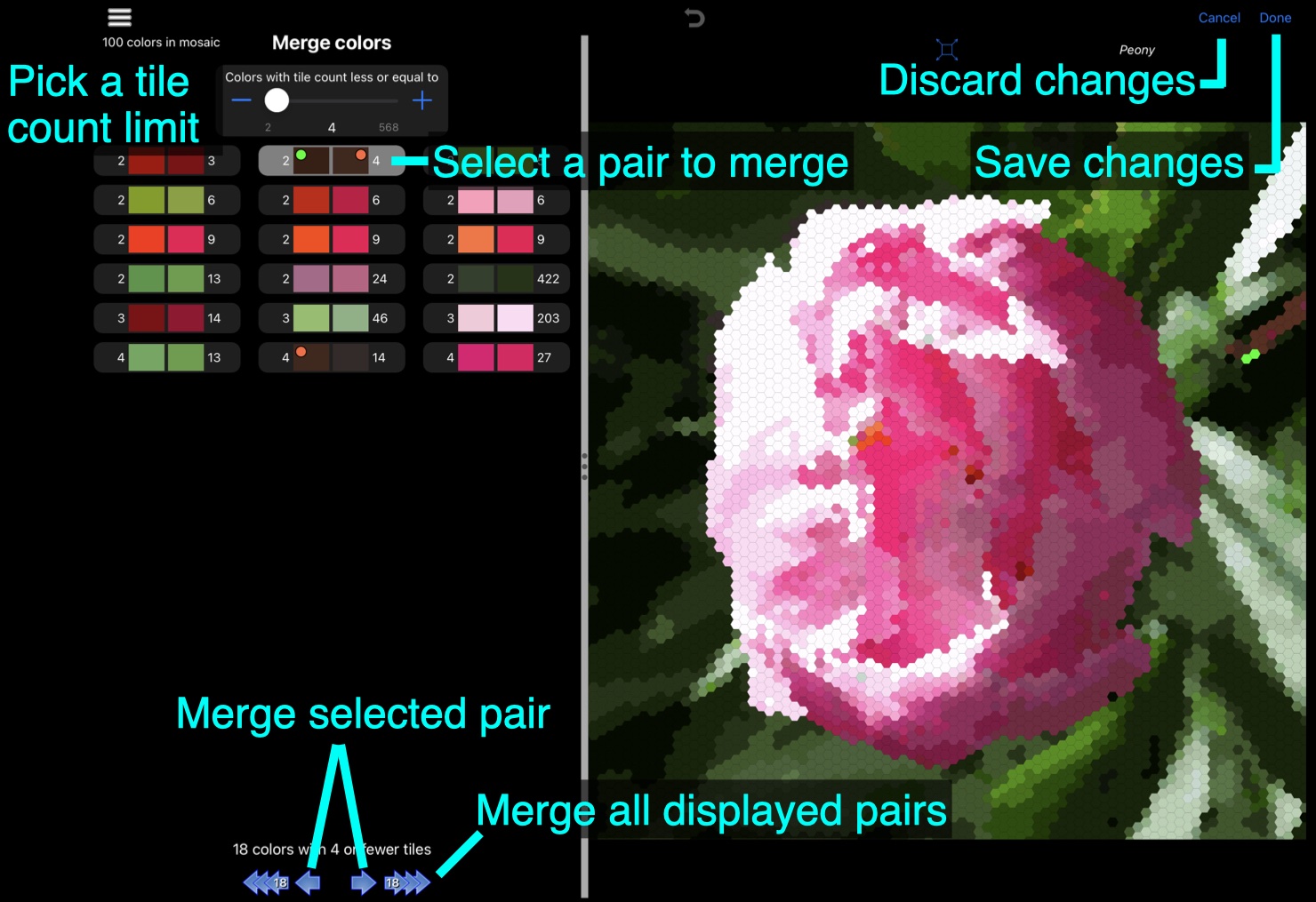 Annotated mosaic editor, merge colors