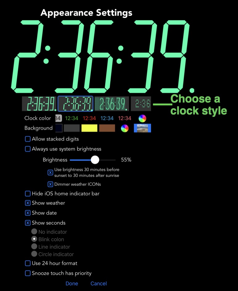 Appearance settings choosing clock type