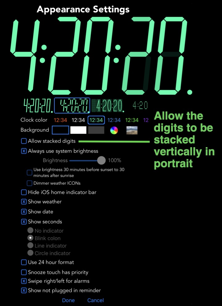 Appearance settings allow stacked digits