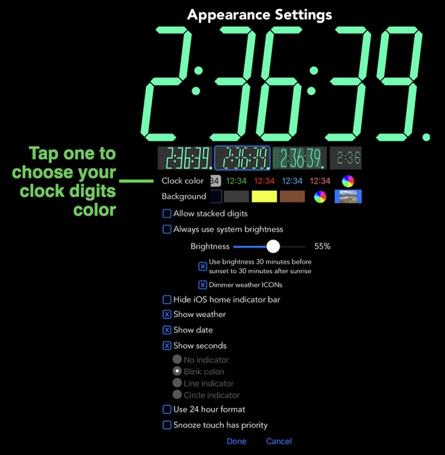 Appearance settings choosing clock color