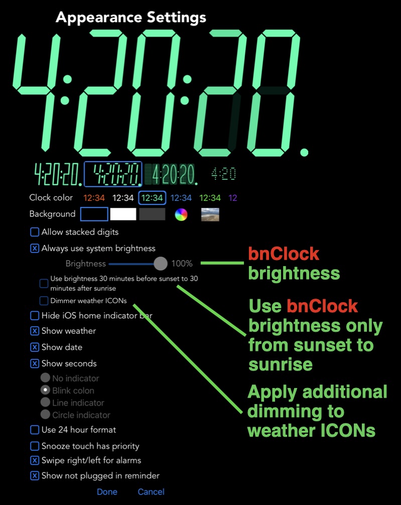 Appearance settings, more clock brightness