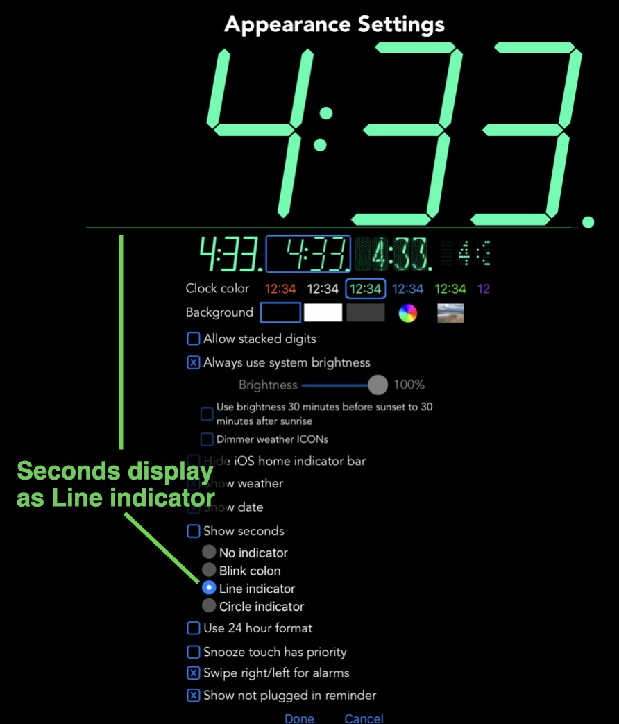 Line indicator for seconds