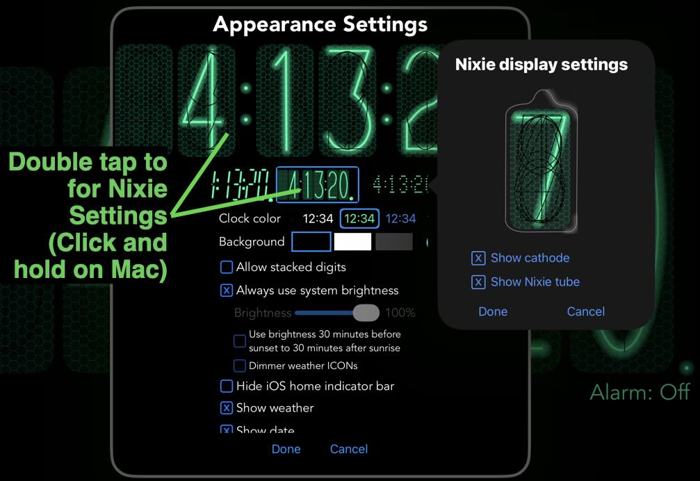 Appearance settings Nixie settings