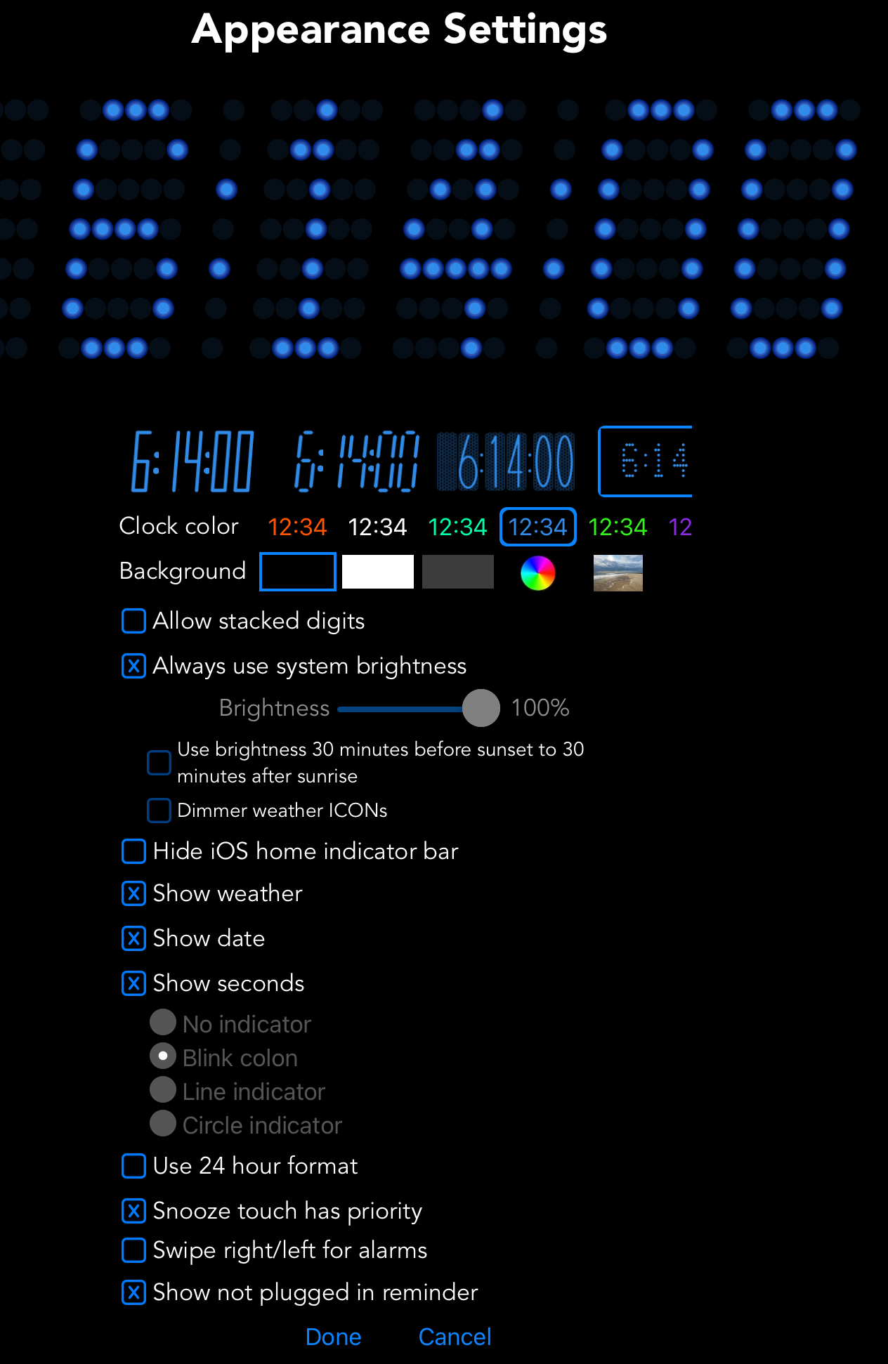 bnClock Appearance settings