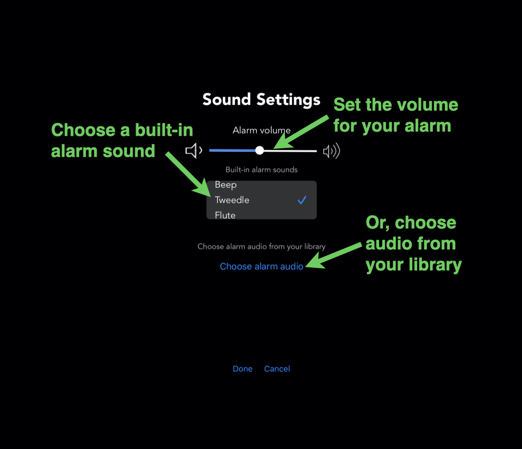 setting alarm volume, selecting audio