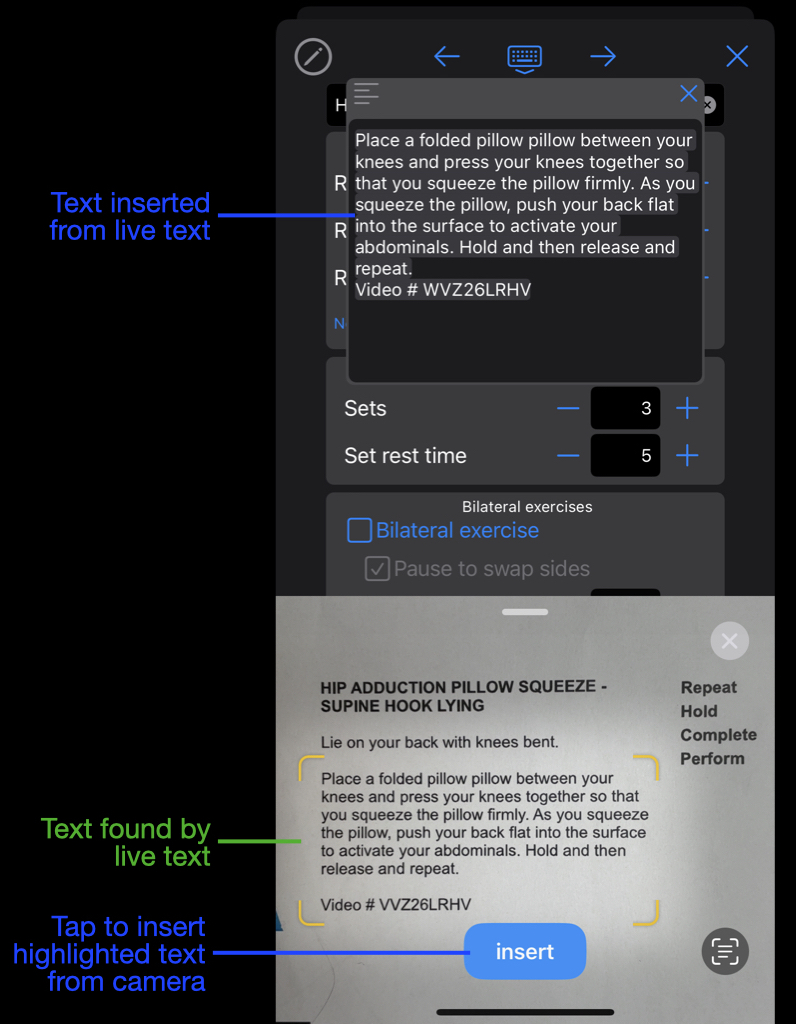 Annotated screen shot of adding a description via live text