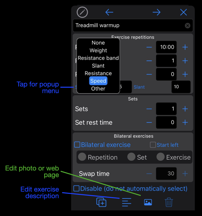 Annotated screen shot of editing an exercise with popup menu