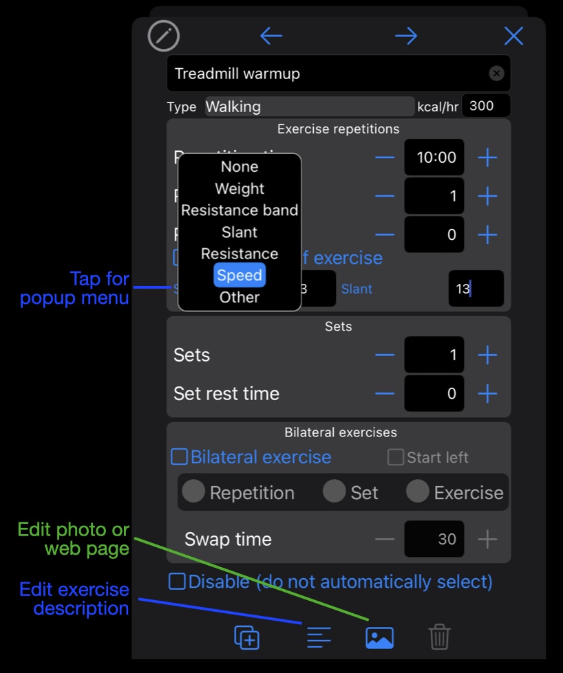 Annotated screen shot of editing an exercise with popup menu