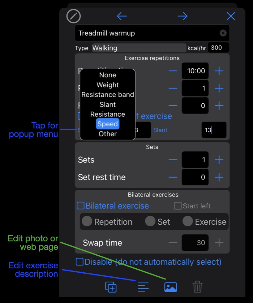 Annotated screen shot of editing an exercise with popup menu