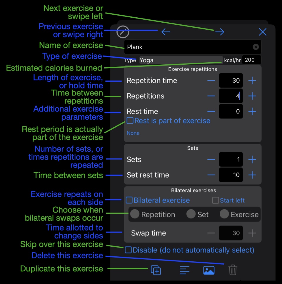 Annotated screen shot of editing an exercise