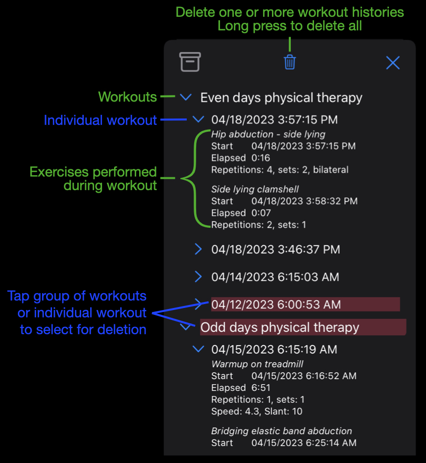 Annotated screen shot of workout history