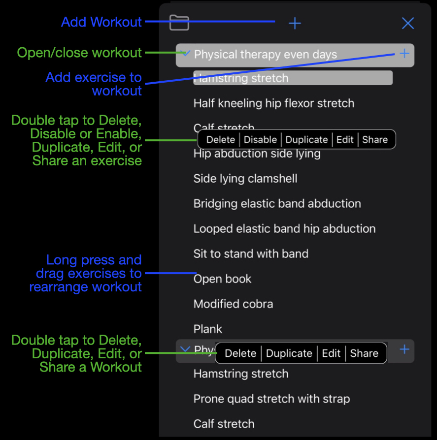 Annotated screen shot of exercise manager