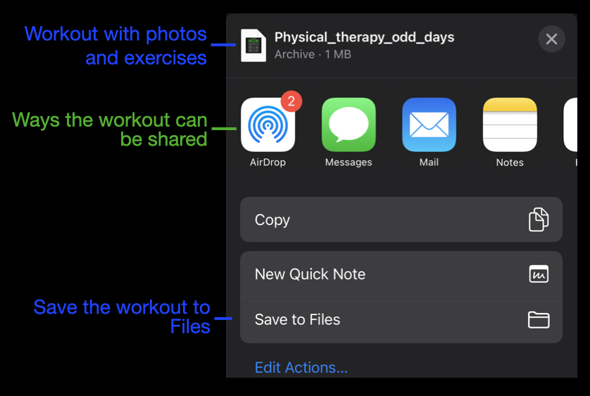 Annotated screen shot sharing a workout